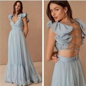 NWT Mac Duggal 67911 Light Blue Ruffle Tiered Cut-Out Chiffon Gown